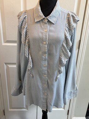 Torrid Super Soft Ruffled Front Striped Button Up Blouse 2x Blue White Striped